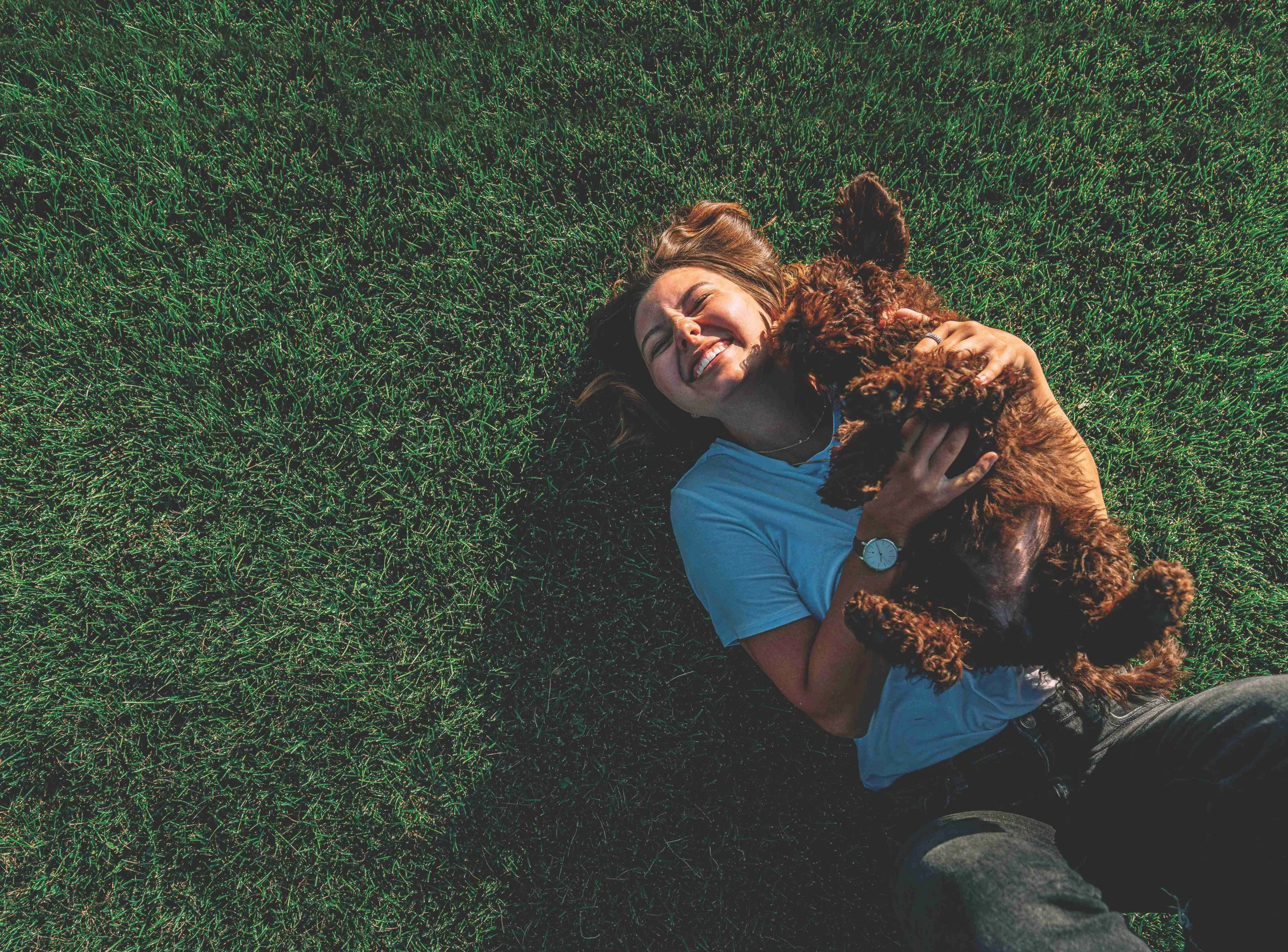 Woman lying in grass with her chestnut-colored poodle on her chest licking her face. The woman is smiling and holding her dog. She is wearing a watch on her right arm and wearing a blue t-shirt and black denim jeans. New pet-friendly apartment homes for rent with private fenced backyards in Kissimmee, FL, near Orlando, FL with pickle ball, dog park, gym, and gated community.