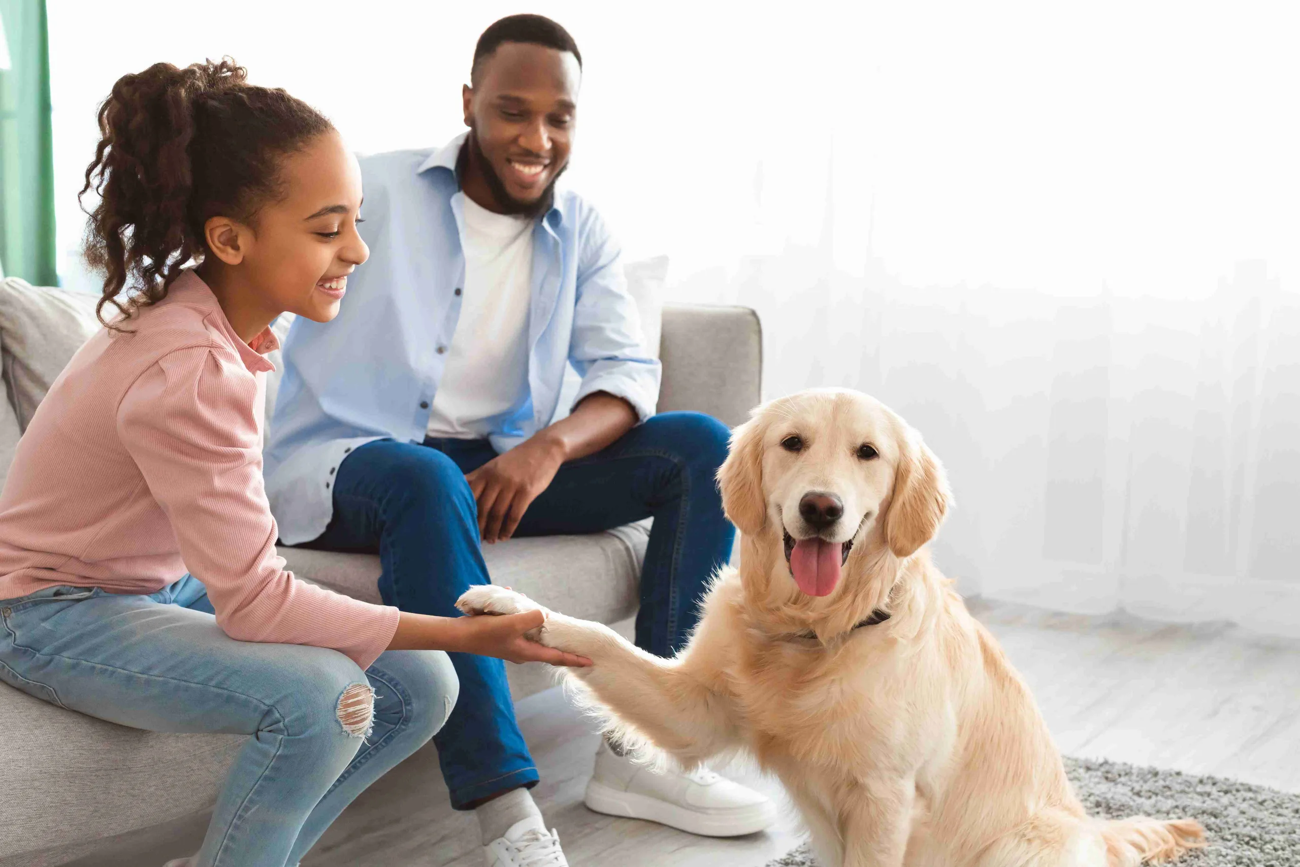 Man, and daughter admiring their pet Golden Retriever in their new living room. The pre-teen girl is holding the dog's paw and leaning in. The dog looks happy and relaxed at the camera. The dad is observing the two and smiling. New pet-friendly apartment homes for rent with private fenced backyards in Kissimmee, FL, near Orlando, FL with pickle ball, dog park, gym, and gated community.