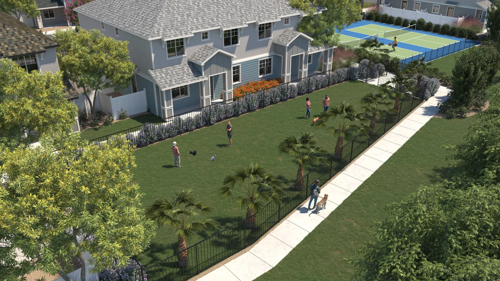 Beautiful rendering of the dog park at the new homes for rent at Yardly Bellalago Kissimmee Florida. Featuring townhomes with no neighbors above or below you and everyone has a corner unit! Suited with a dog park and pickleball court and just minutes from downtown Orlando our homes with backyards and attached garages are perfect for any family! New pet-friendly apartment homes for rent with private fenced backyards in Kissimmee, FL, near Orlando, FL with pickle ball, dog park, gym, and gated community.