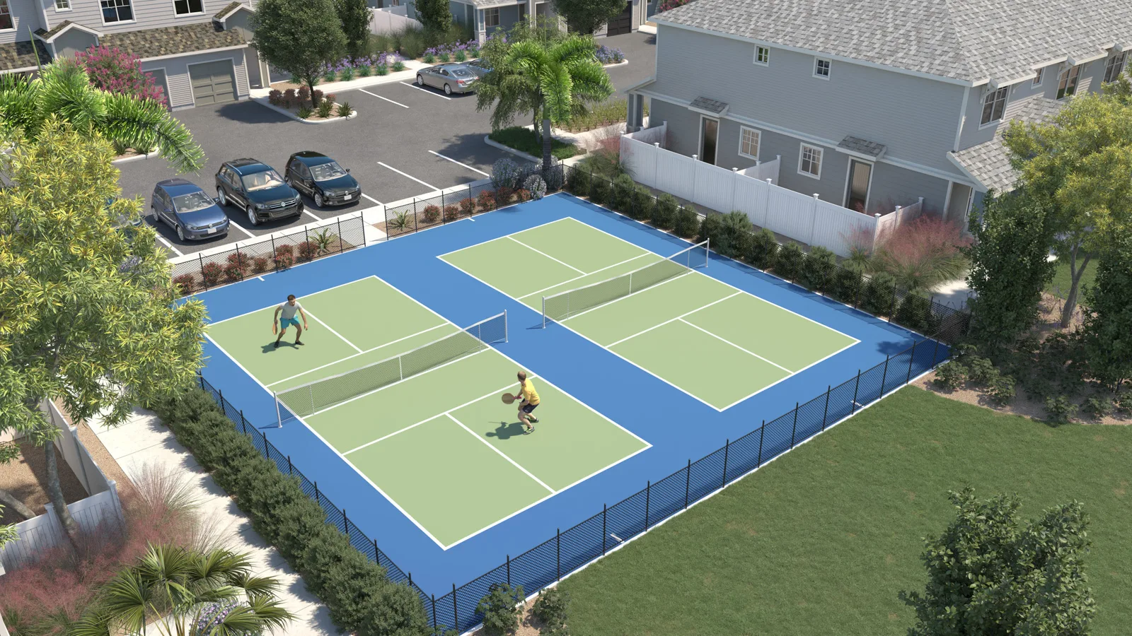 Beautiful rendering of the pickle ball court at the new homes for rent at Yardly Bellalago Kissimmee Florida. Featuring townhomes with no neighbors above or below you and everyone has a corner unit! Suited with a dog park and pickleball court and just minutes from downtown Orlando our homes with backyards and attached garages are perfect for any family! New pet-friendly apartment homes for rent with private fenced backyards in Kissimmee, FL, near Orlando, FL with pickle ball, dog park, gym, and gated community.