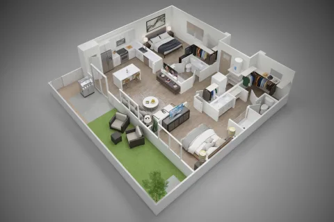 2-bedroom, 2-bathroom 3d floor plan. New pet-friendly apartment homes for rent with private fenced backyards in Kissimmee, FL, near Orlando, FL with pickle ball, dog park, gym, and gated community.